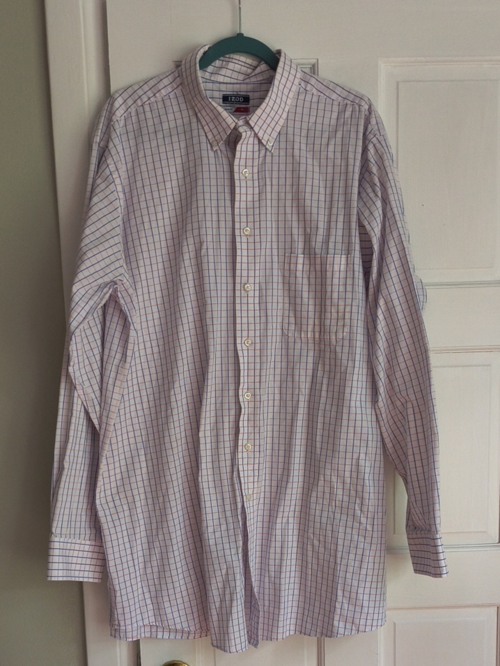 IZOD Men's Long-Sleeve Windowpane Check Shirt - White with Blue & Orange